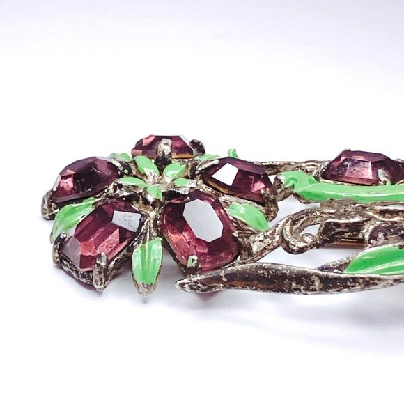 Vintage 1930s Floral Bouquet Brooch Purple Glass Enamel Pot Metal Jewelry Pin - Picture 4 of 15